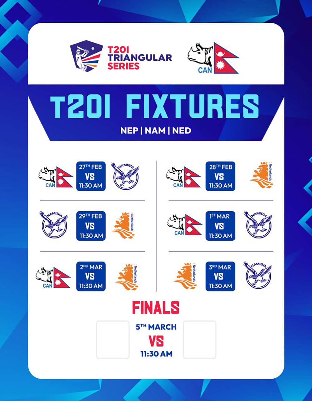 त्रिकोणीय टी-२० सिरिजको खेल तालिका सार्बजनिक